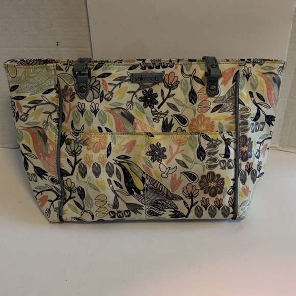 SAKROOTS LIGHT BLUE FLORAL AND BIRD TOTE VYNYL MATERIAL CREAM BREAM BACKGROUND - Picture 4 of 16